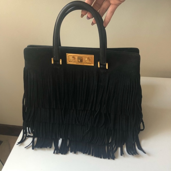 YSL Med Trois Clous Black Suede Fringe Tote - Picture 1 of 8